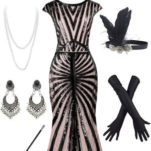 W  1920S Gatsby Sequin Mermaid Formal Evening Dress with 20s Accessories Costume